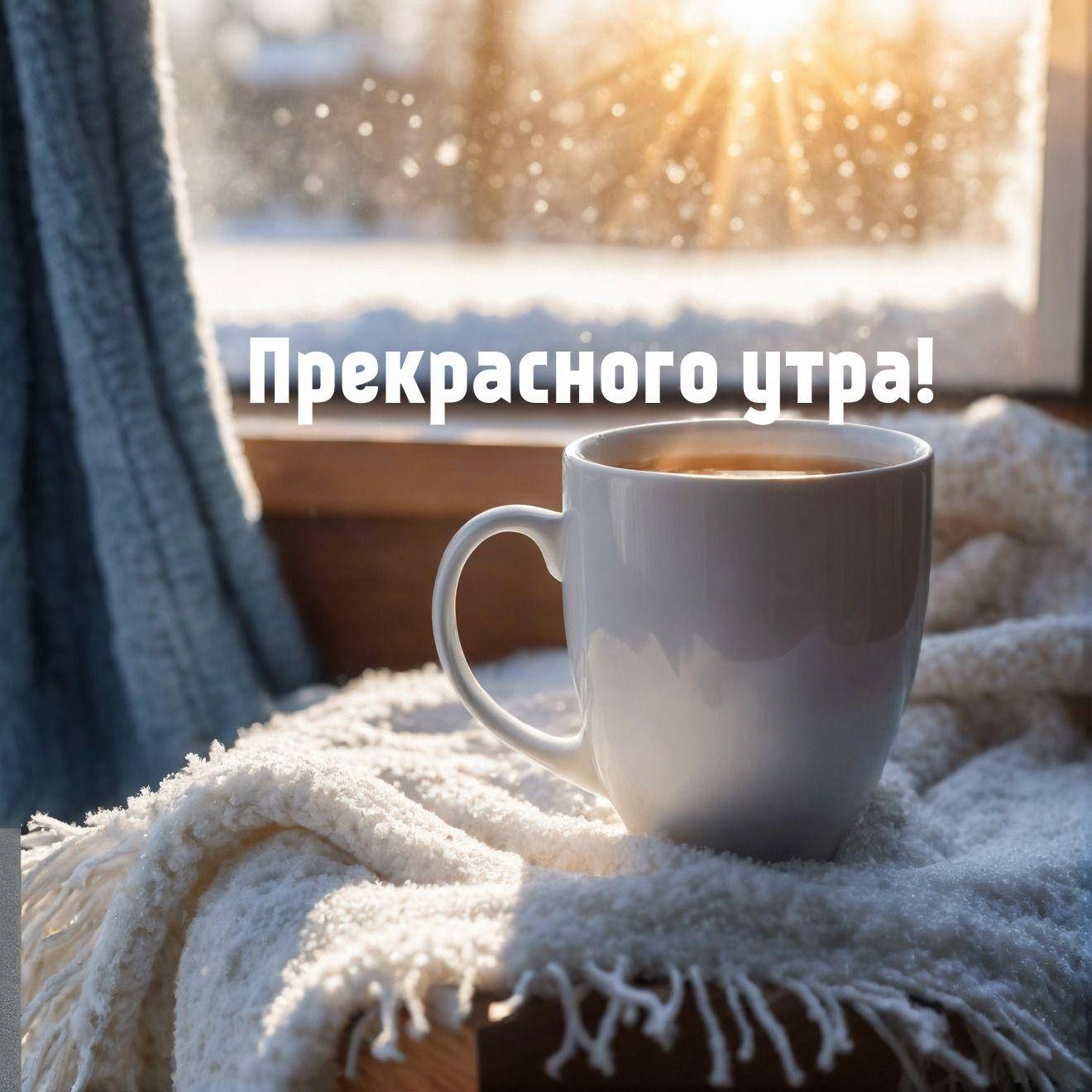 Утро, белая кружка на подоконнике, зимний пейзаж за окном