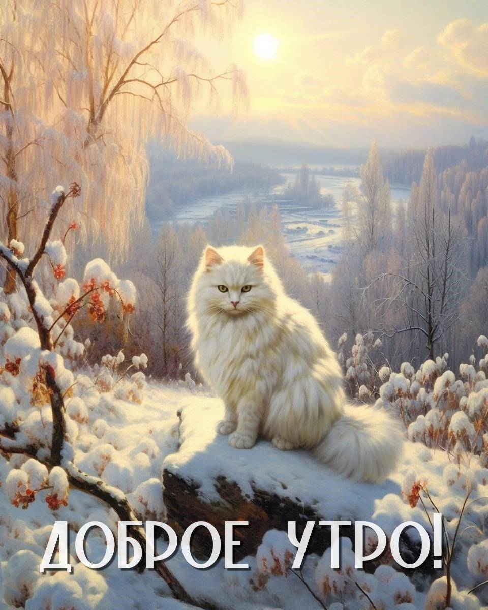 Утро, белый кот на камне в снежном зимнем пейзаже