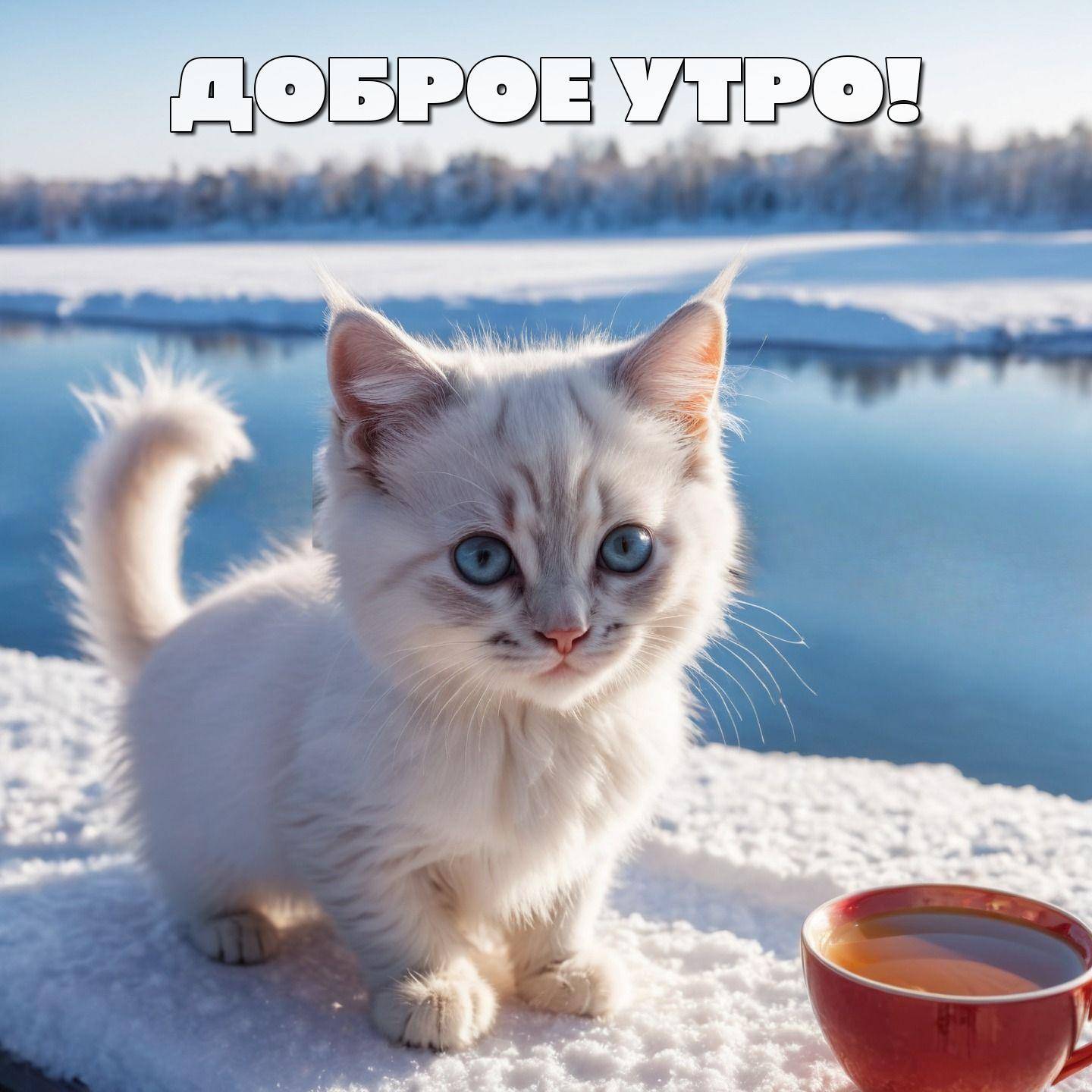 Утро, белый котёнок с чашкой на снегу