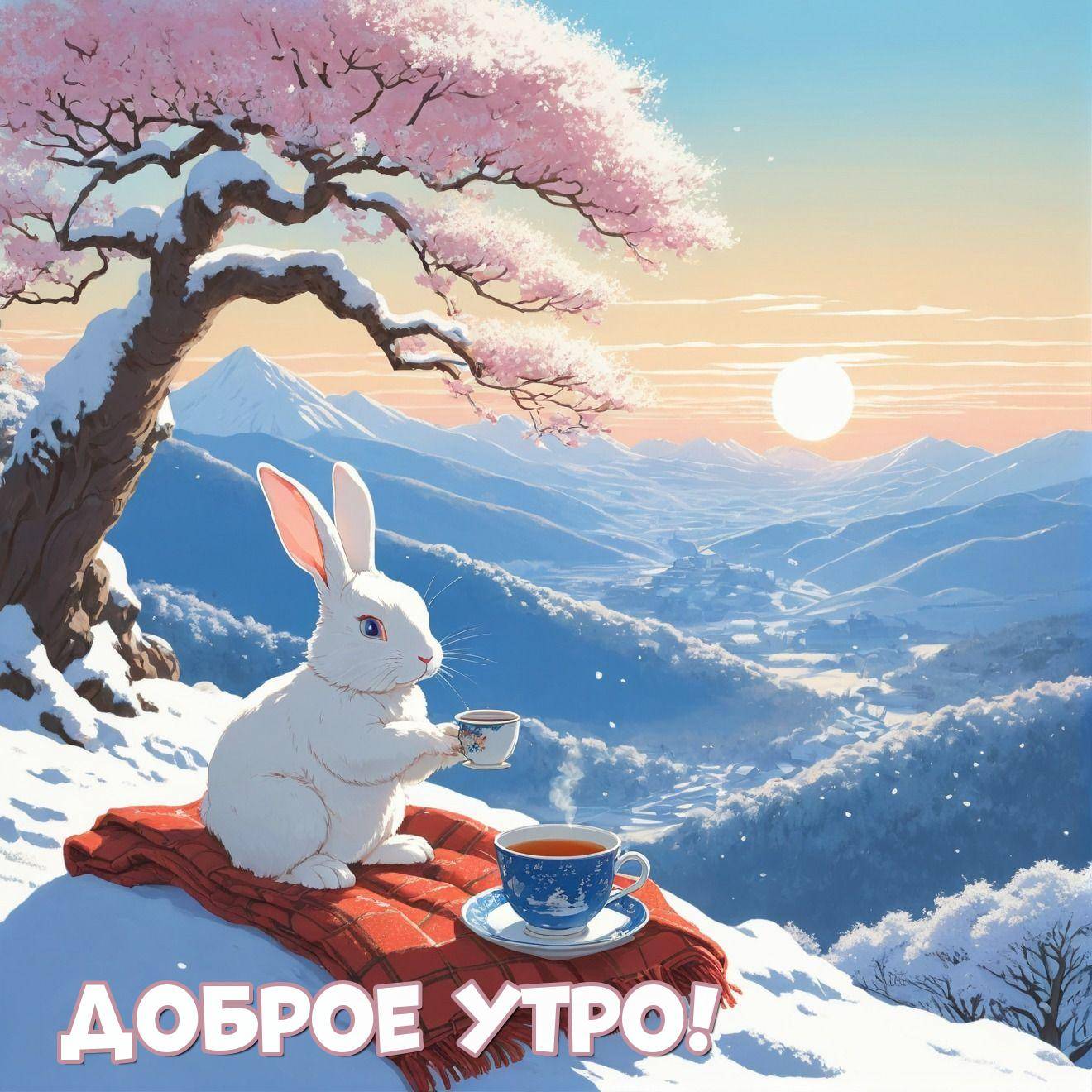Утро, белый кролик на холме с чашкой чая