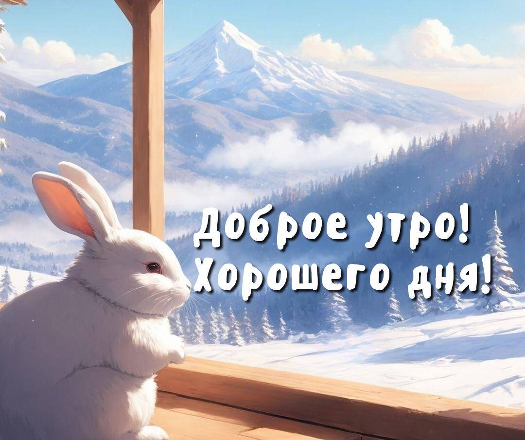 Утро, белый кролик на террасе с зимним пейзажем