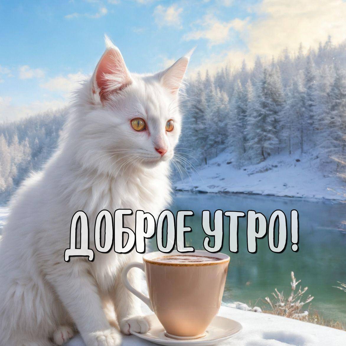 Утро, белый пушистый кот с рыжими глазами сидит рядом с чашкой кофе
