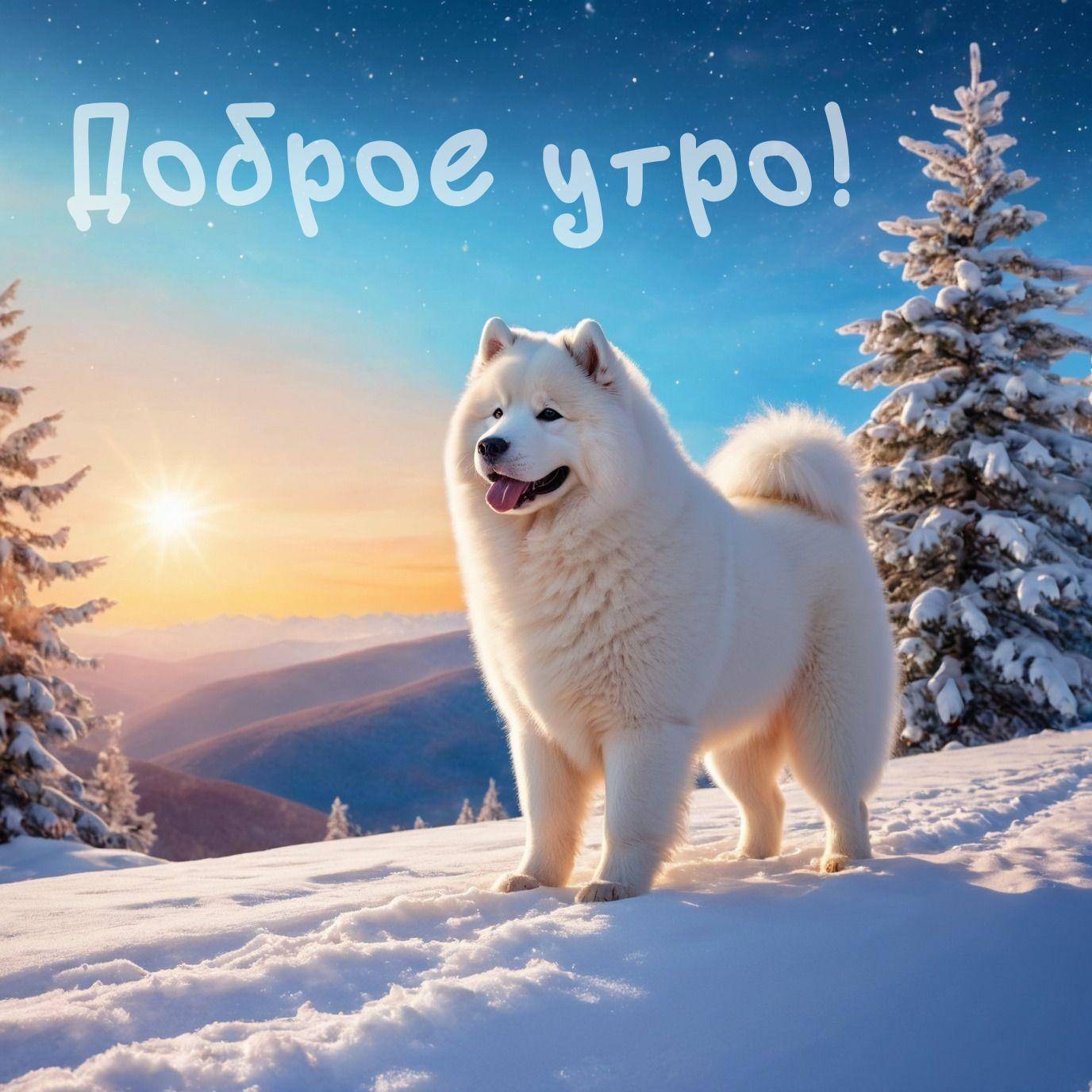 Утро, белый пушистый пес на заснеженном склоне