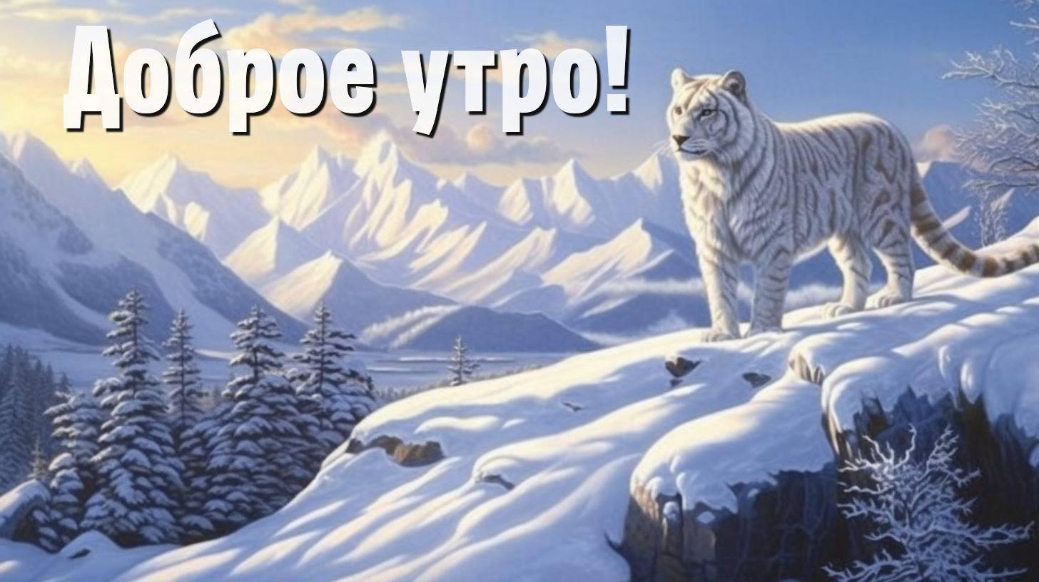 Утро, белый тигр на заснеженной скале