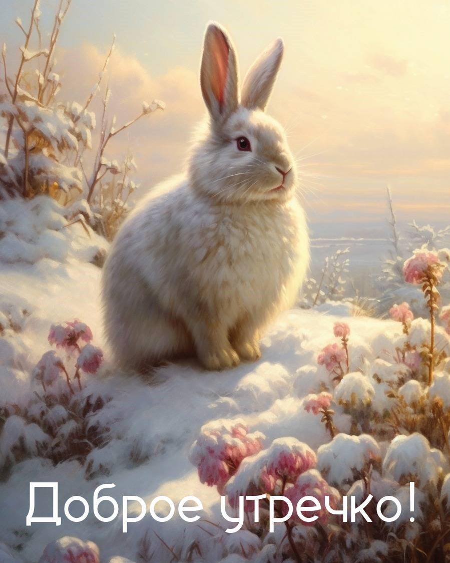 Утро, белый заяц на заснеженной земле