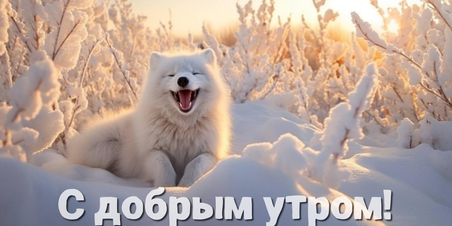 Утро, белоснежная собака лежит на снегу среди кустов