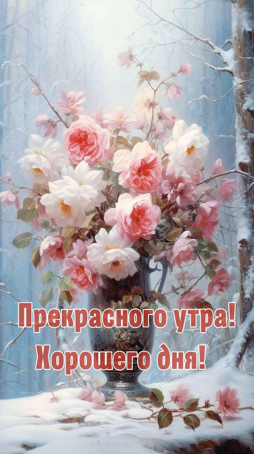 Утро, букет из розовых и белых цветов в вазе на фоне зимы