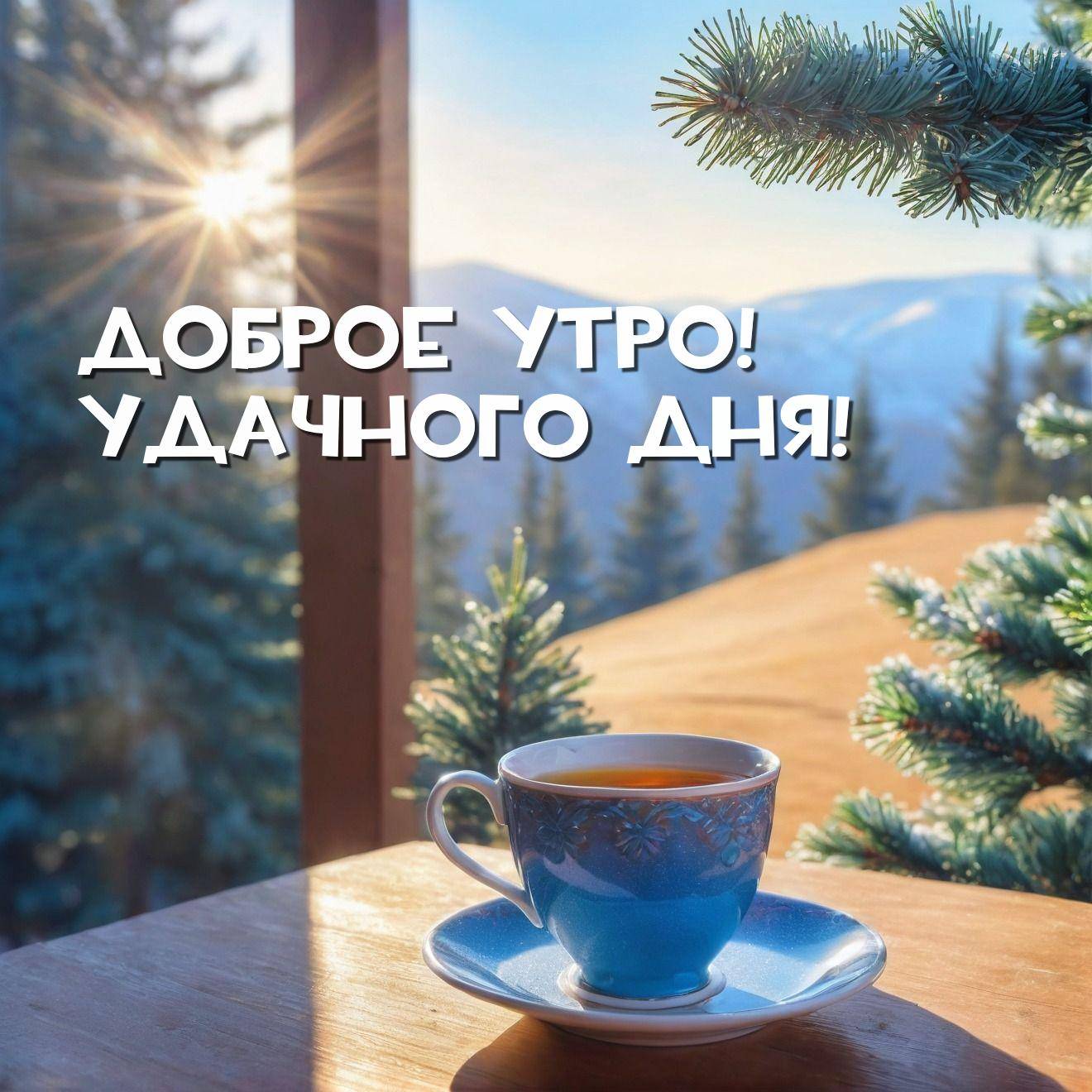 Утро, чай в голубой чашке на фоне зимы