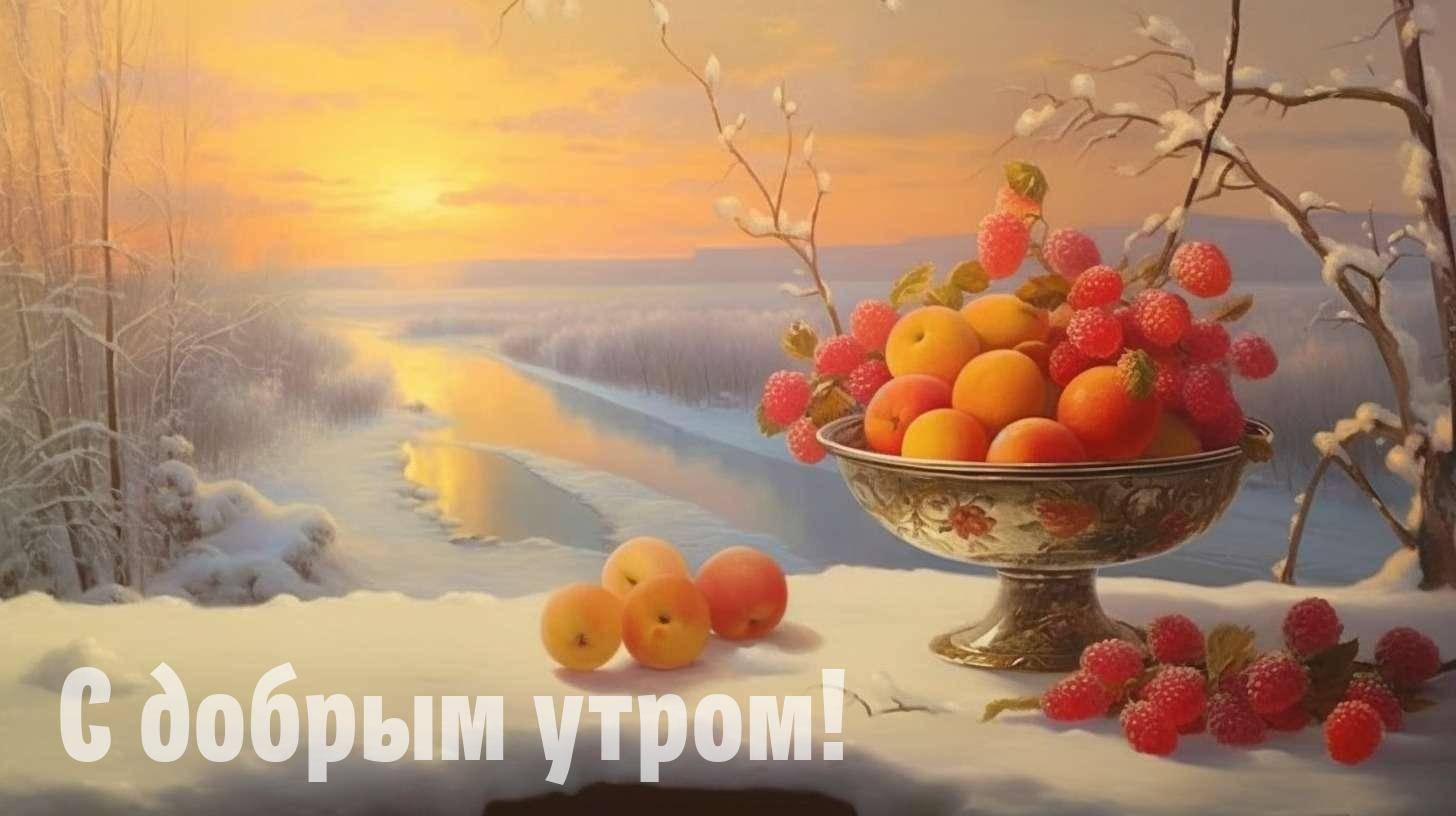 Утро, чаша с фруктами на заснеженной поверхности