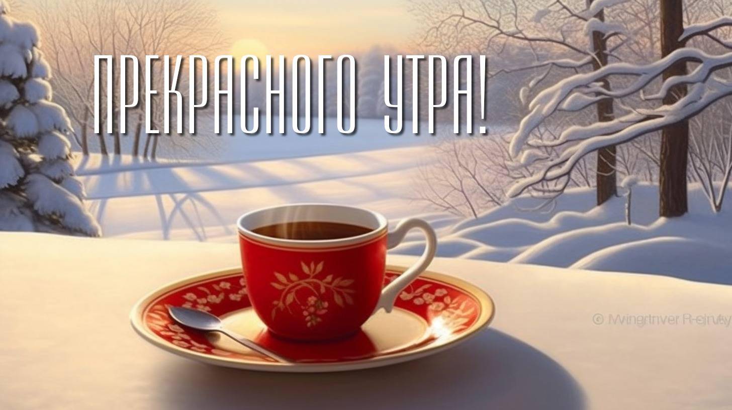 Утро, чашка чая на фоне зимнего леса
