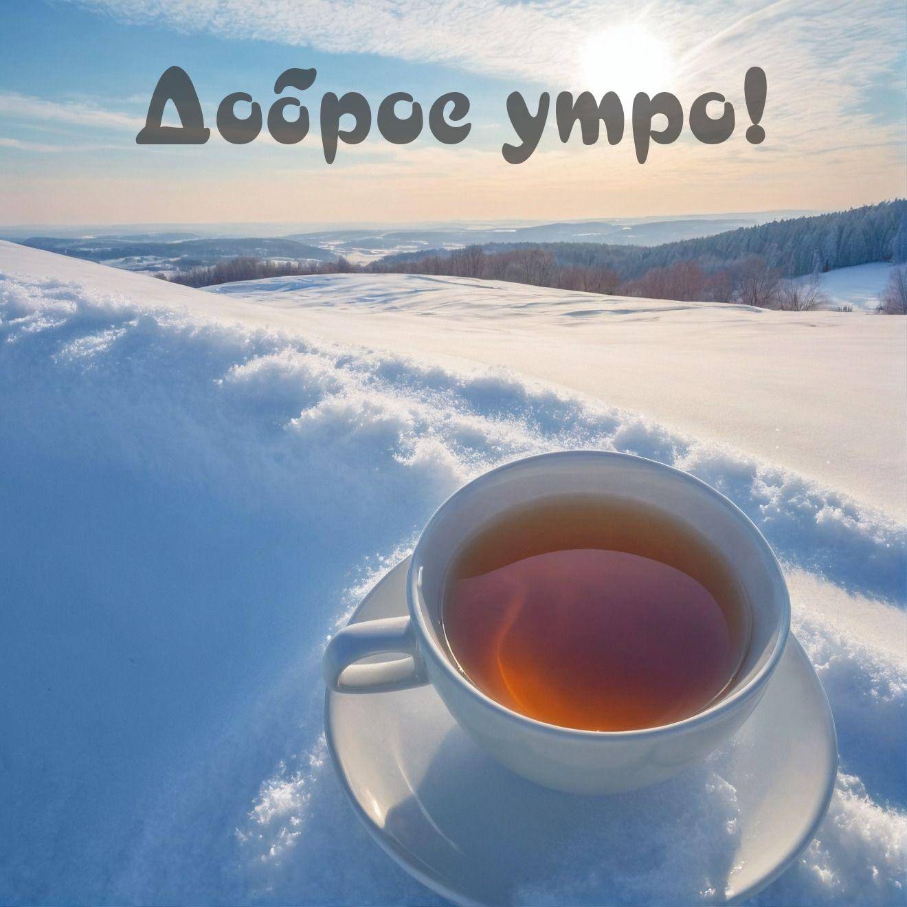Утро, чашка чая на снегу, заснеженный ландшафт, холмы и лес