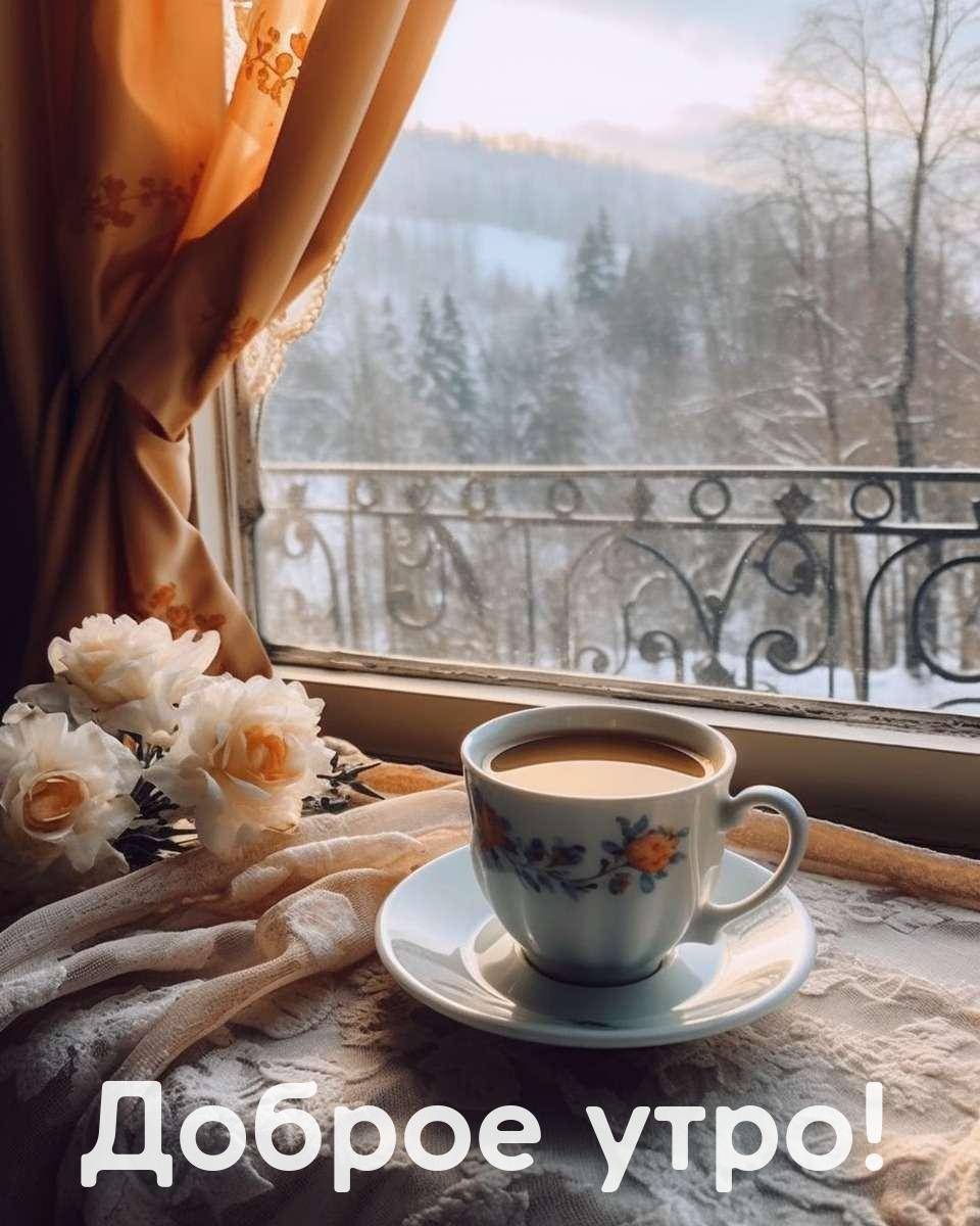 Утро, чашка чая с молоком на столе