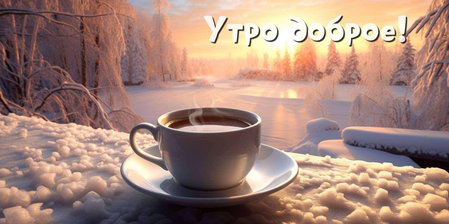 Утро, чашка горячего напитка на блюдце, зимняя сцена, снег и деревья