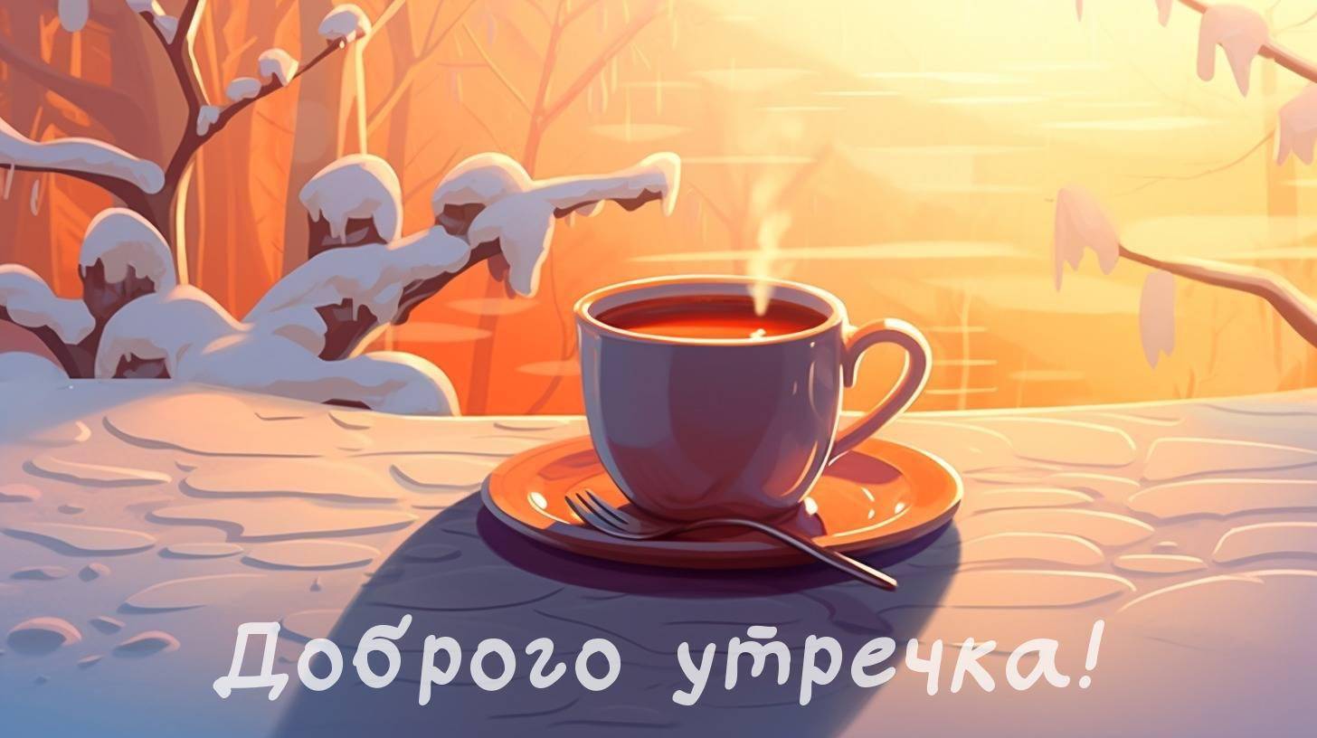 Утро, чашка горячего напитка на заснеженном столе