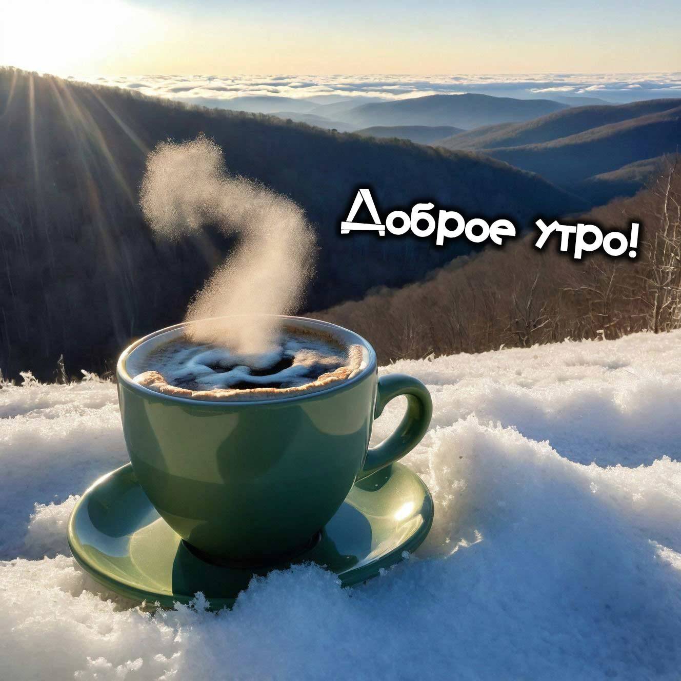 Утро, чашка кофе на снегу зимой, свет восходящего солнца над горами и лесом.