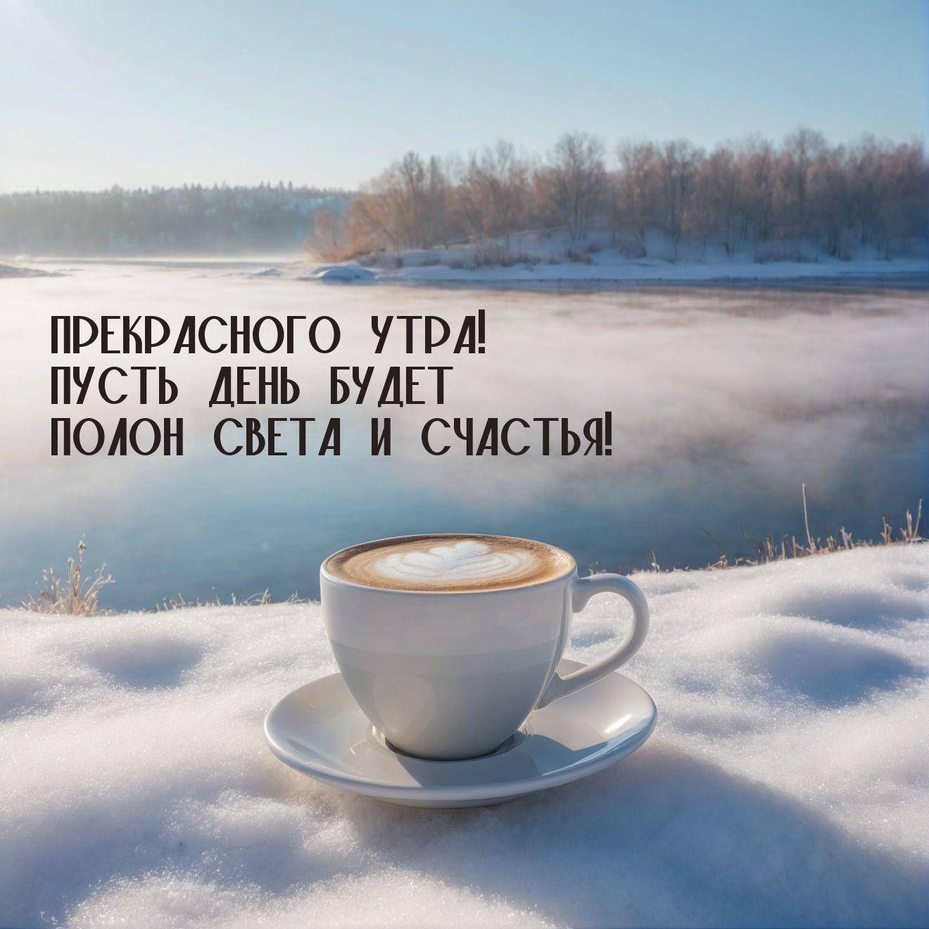 Утро, чашка кофе с рисунком на пенке на заснеженном берегу
