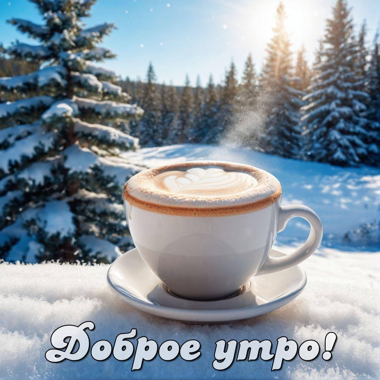 Утро, чашка кофе с рисунком на пенке, снежный пейзаж