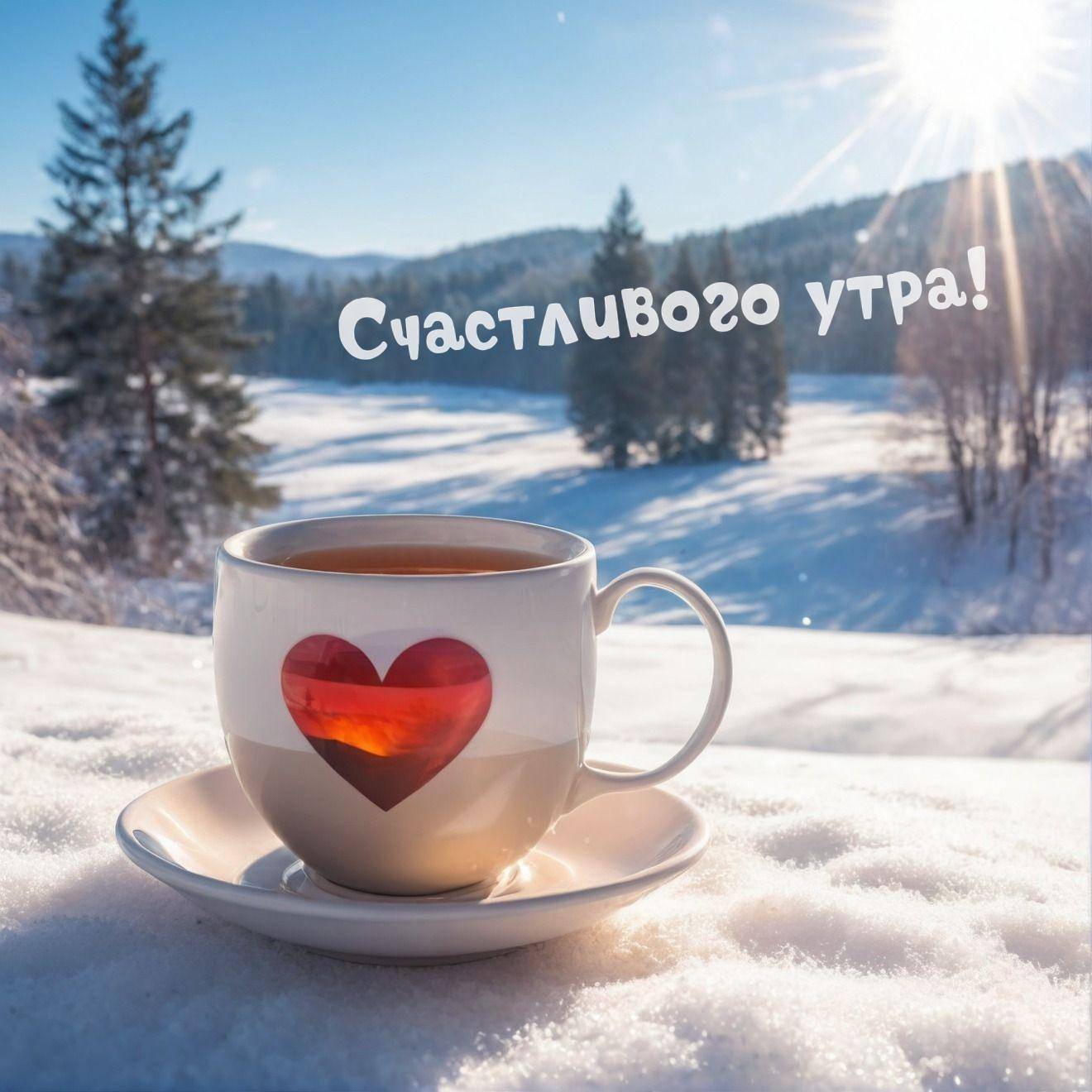 Утро, чашка с чаем и красным сердцем на снегу