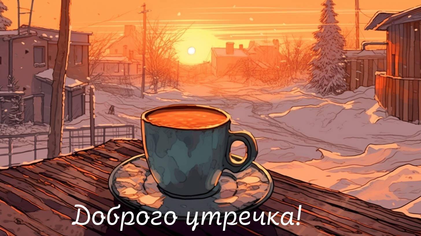 Утро, чашка с напитком на столе, зимний пейзаж, закат.