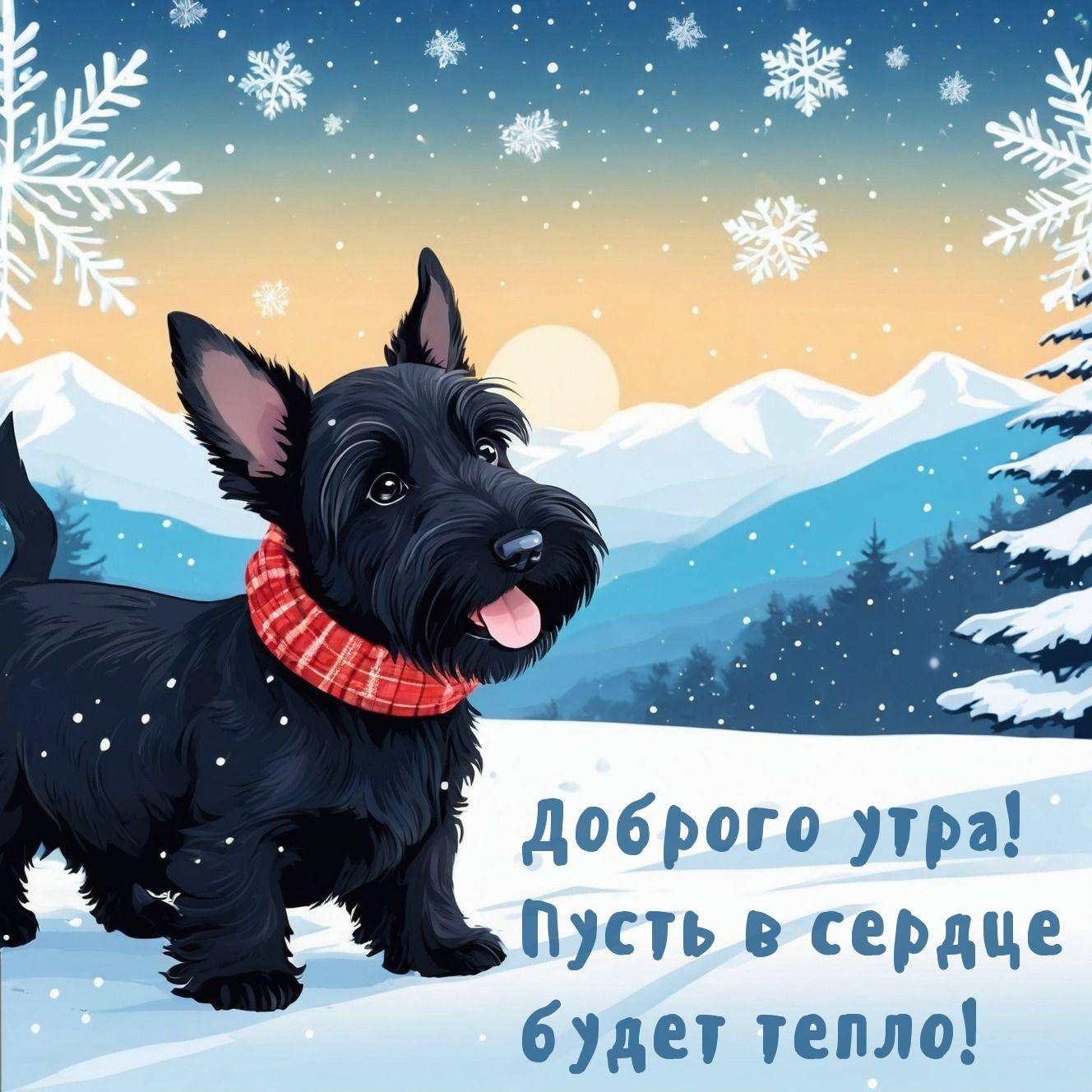 Утро, черная собака в красном шарфе на зимнем фоне