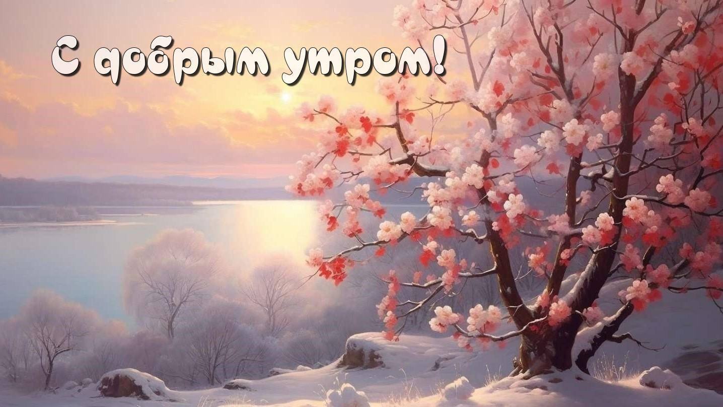 Утро, дерево с цветами на фоне водоёма и заката