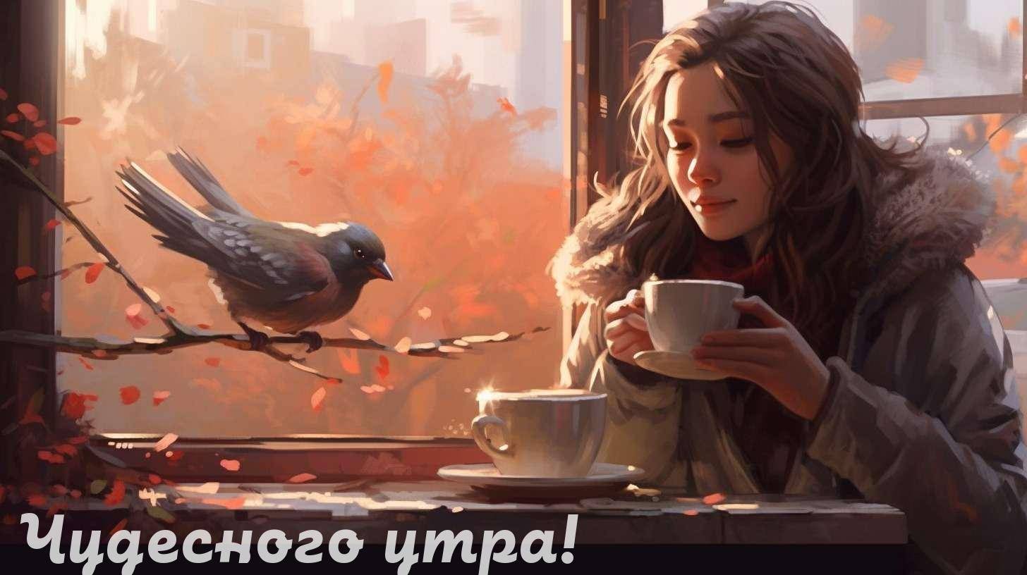 Утро, девушка возле окна с чашкой и птицей на столе