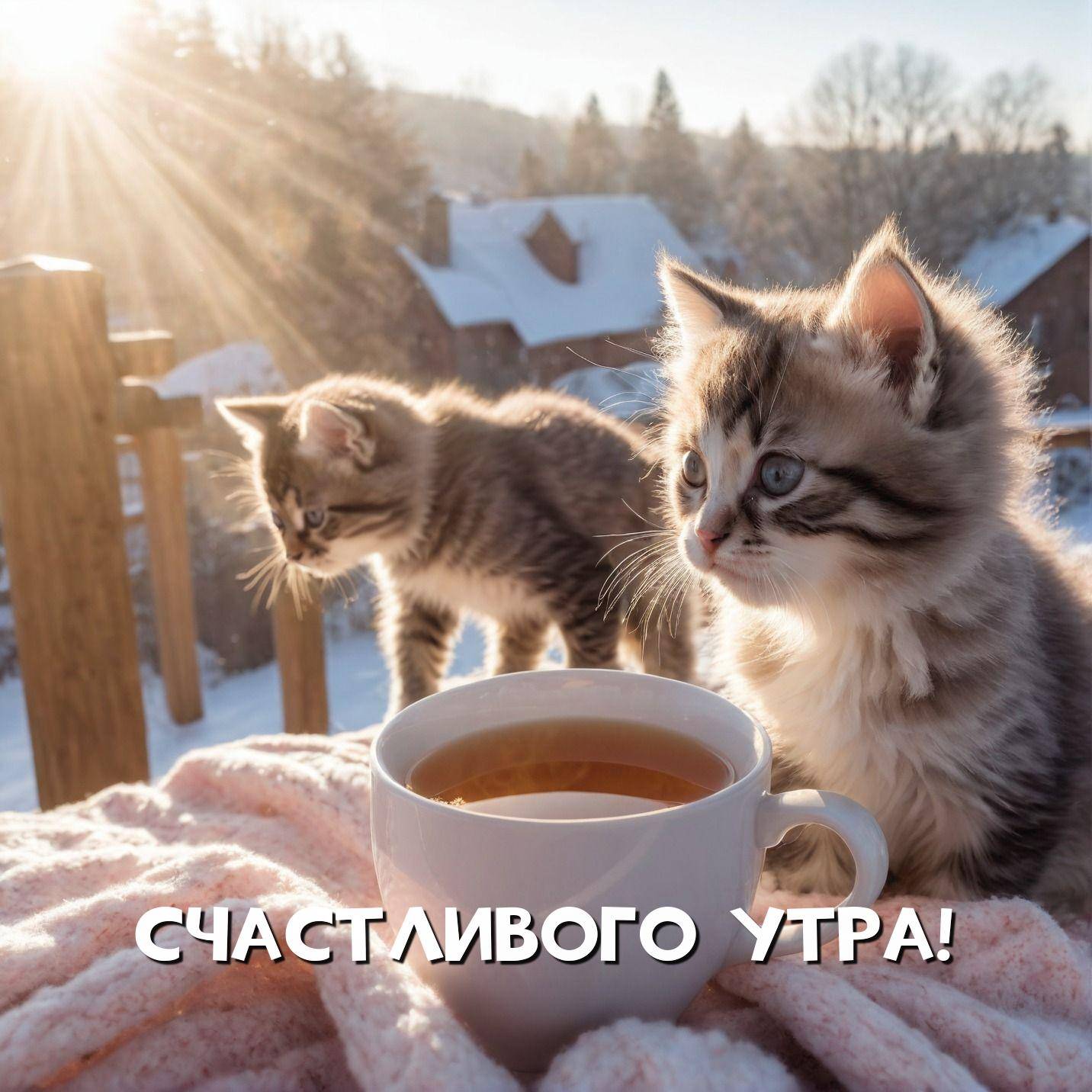 Утро, два котенка на одеяле с чашкой