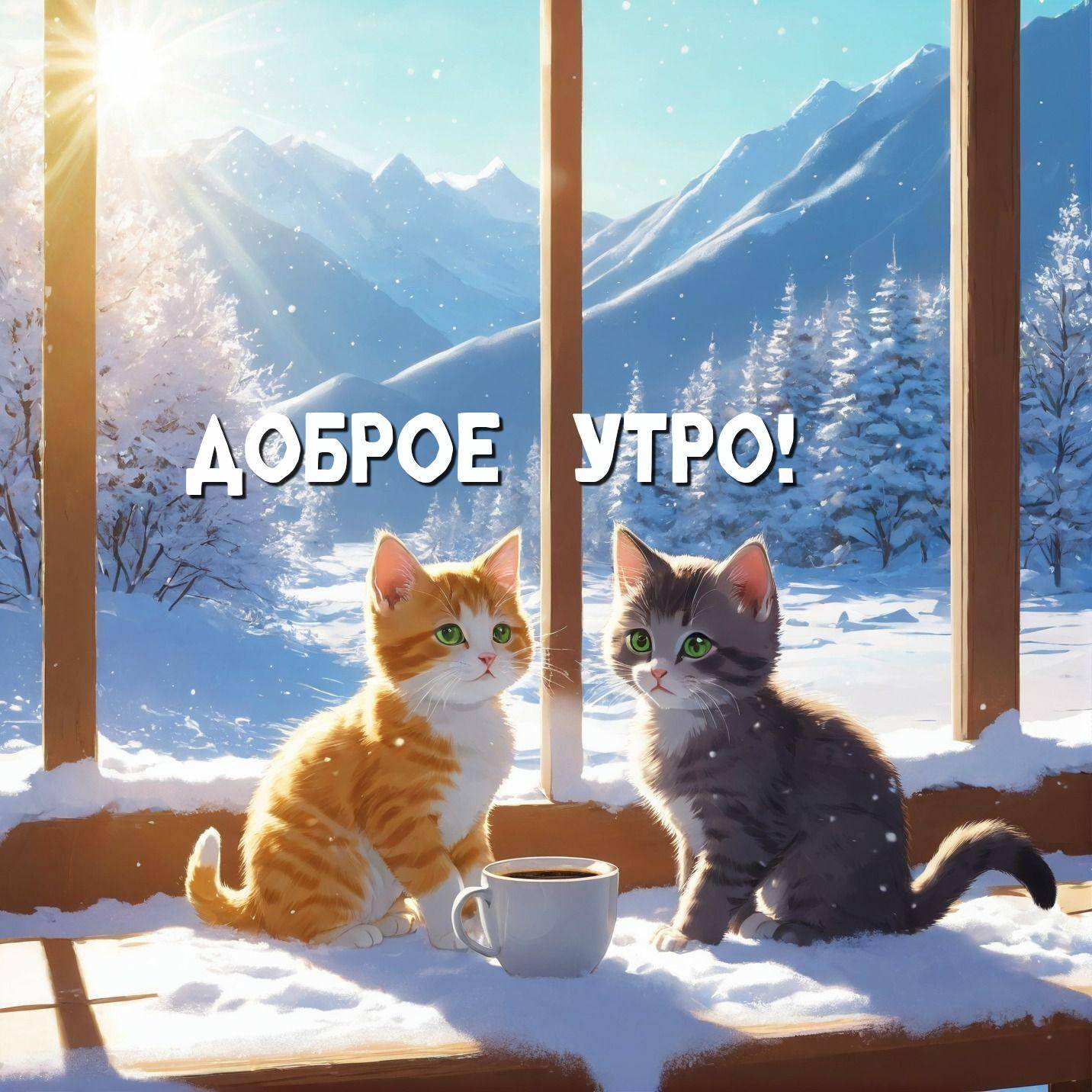 Утро, два котенка на террасе зимой с чашкой