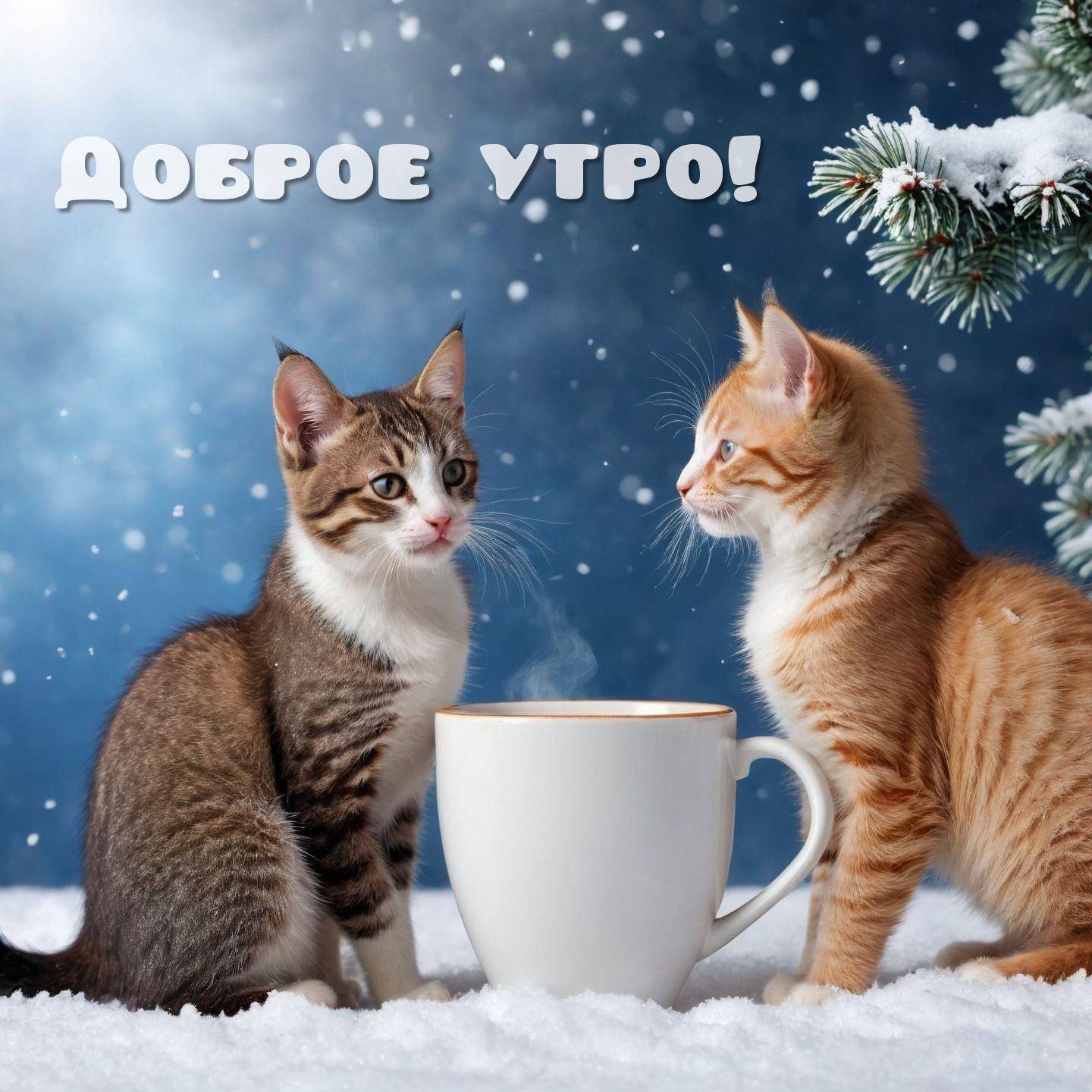 Утро, два котёнка на снегу перед кружкой