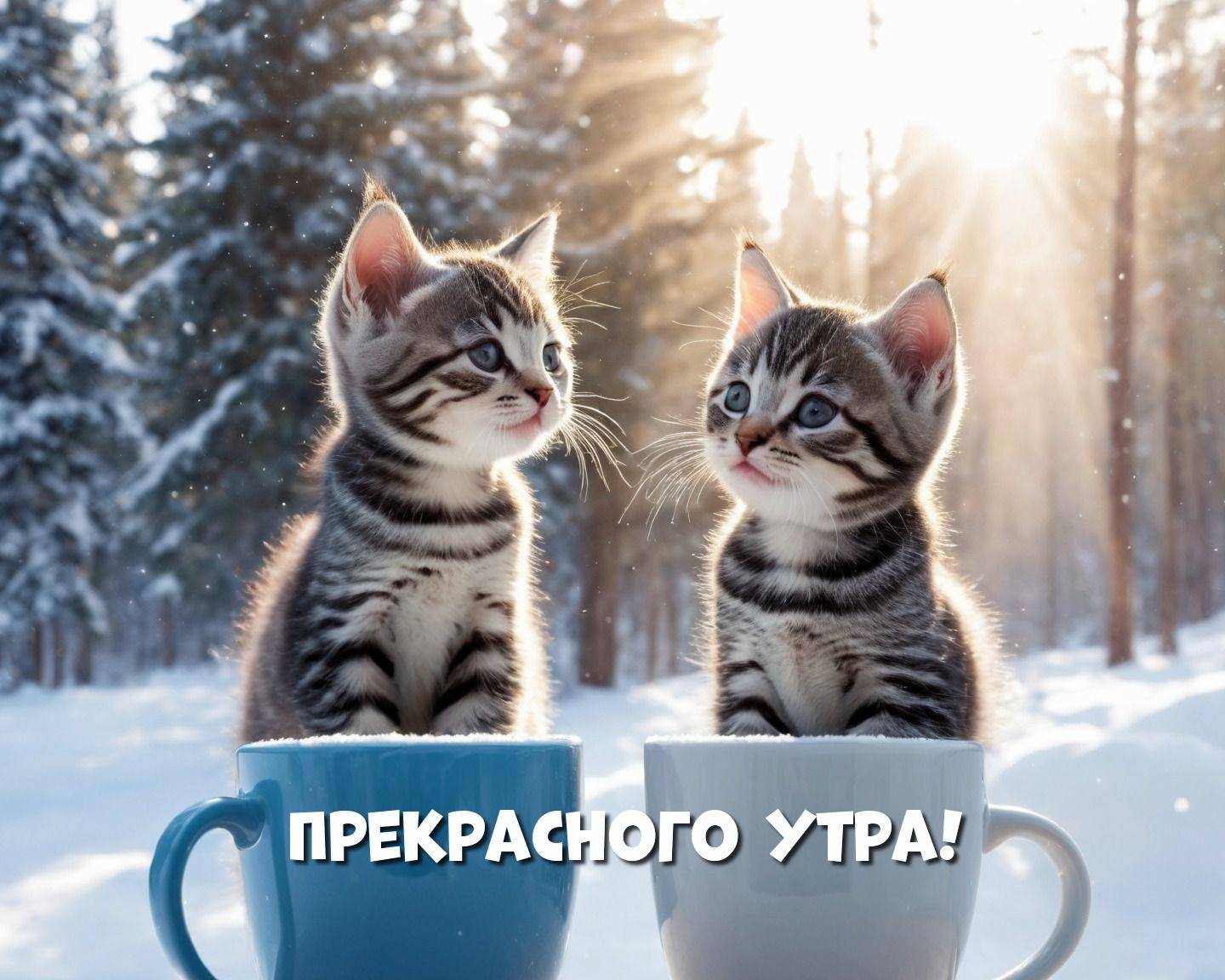 Утро, два полосатых котенка в чашках на фоне леса