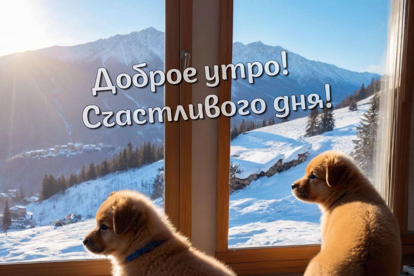 Утро, два щенка у окна, заснеженные горы за окном