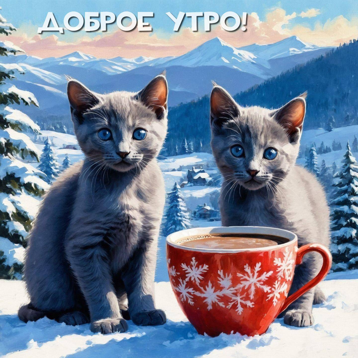 Утро, два серых котенка на снегу у большой чашки.