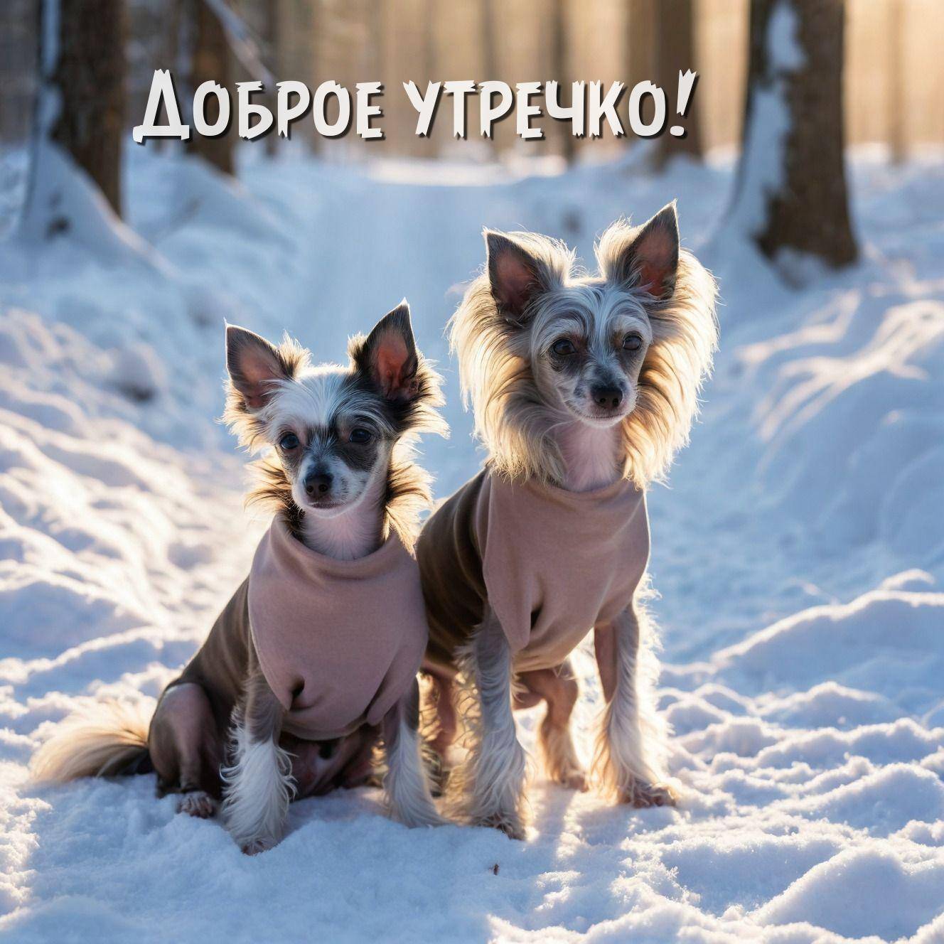 Утро, две маленькие собаки в свитерах на заснеженной тропинке
