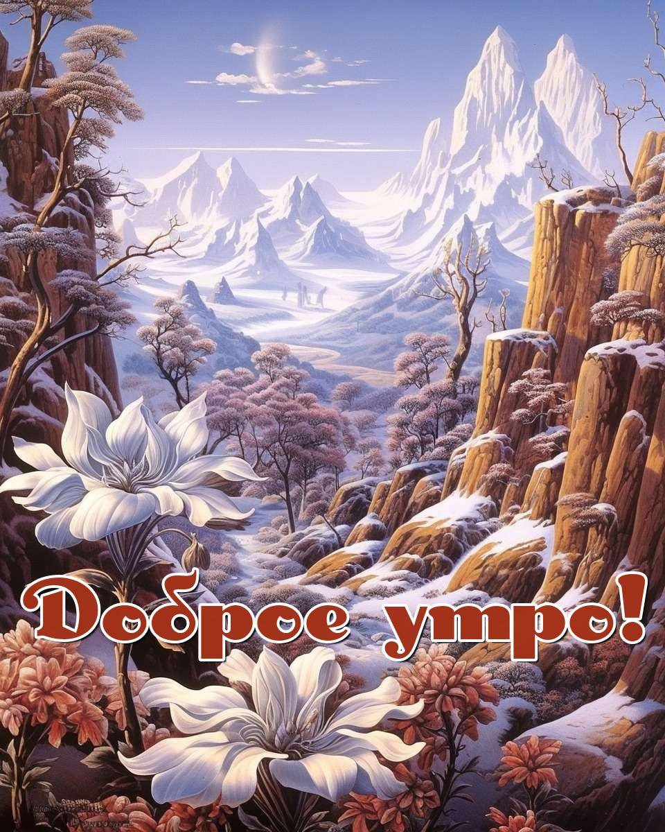 Утро, фантазийная зимняя сцена с цветами и снегом