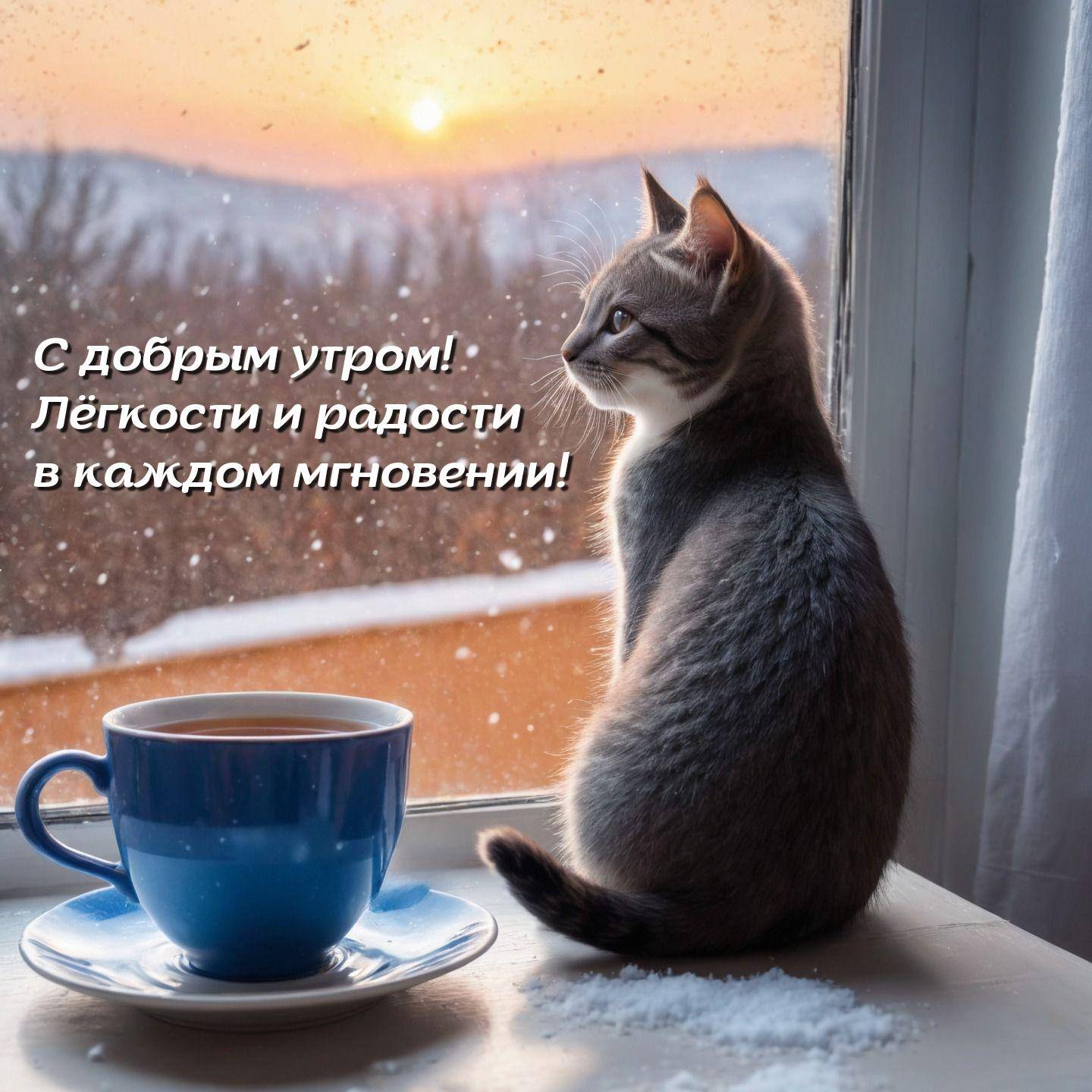 Утро, котенок на подоконнике, чашка с чаем, зимний пейзаж