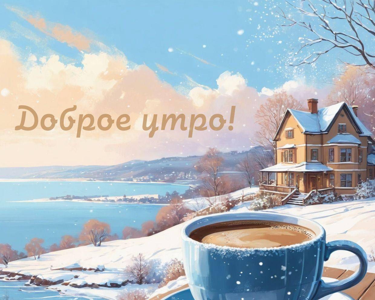 Утро, красивая зимняя сцена с чашкой горячего напитка