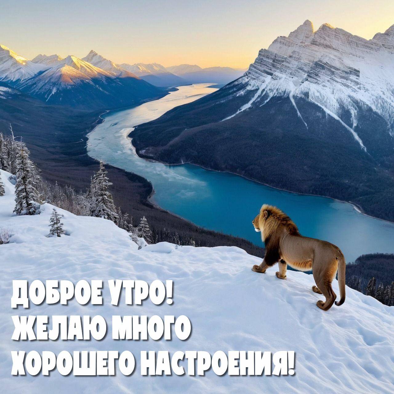 Утро, красивый зимний пейзаж с заснеженными горами и озером. Лев на склоне.