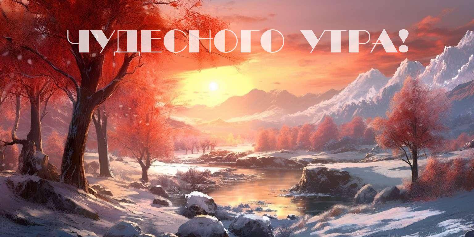 Утро, красивый зимний пейзаж: снежные деревья, горы и река