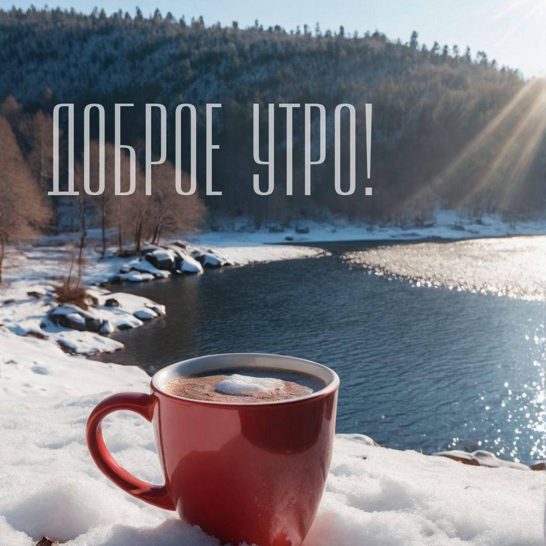 Утро, красная кружка с горячим напитком на снегу у реки