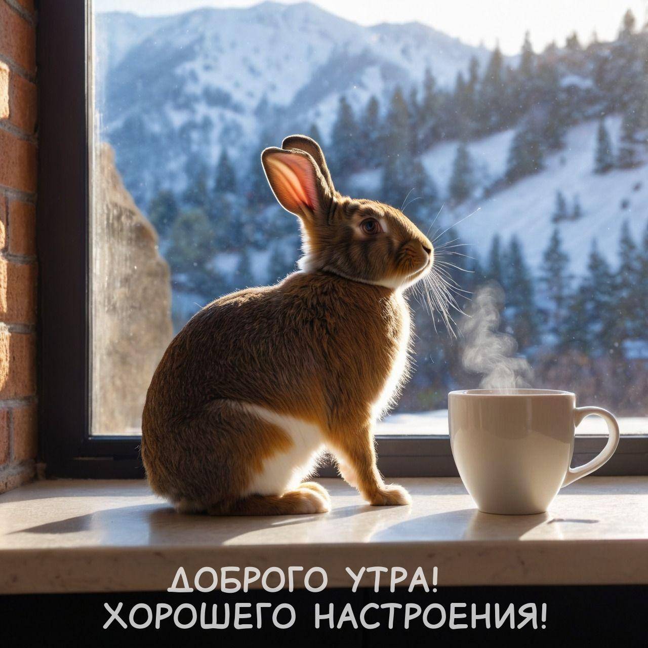 Утро, кролик на подоконнике с кружкой