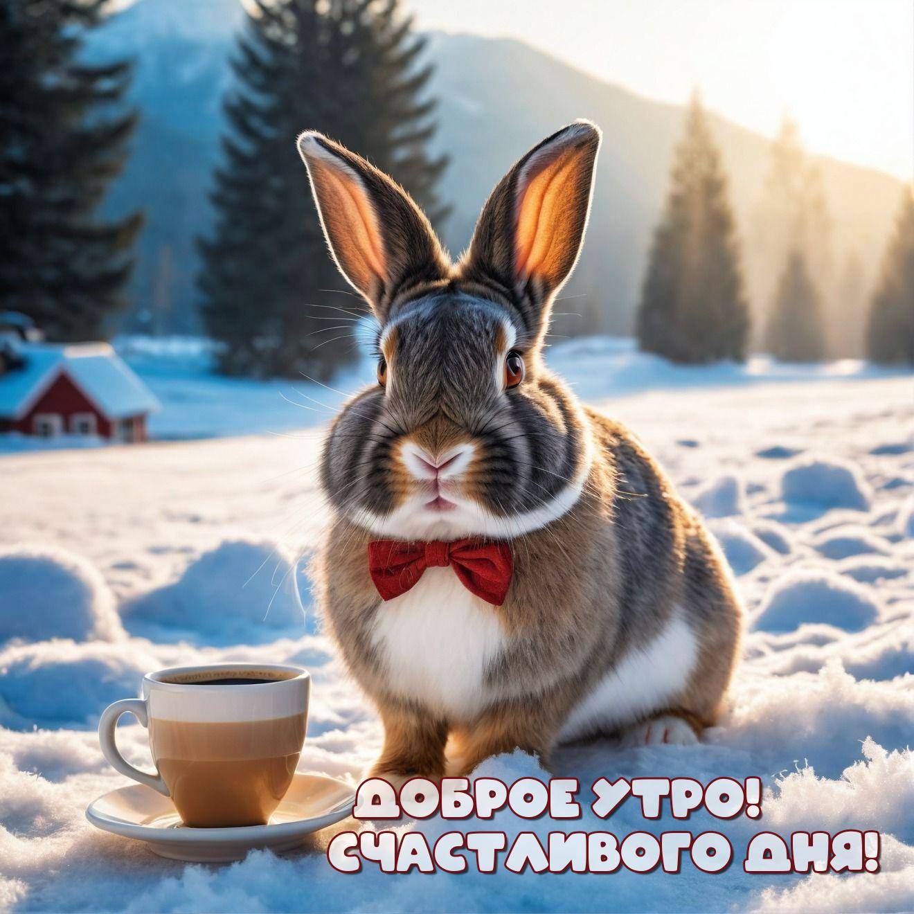 Утро, кролик с красной бабочкой и чашка кофе