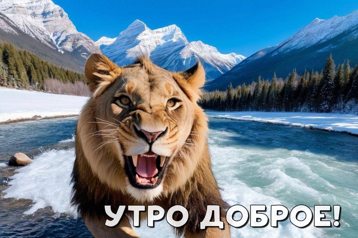 Утро, лев в горной реке зимой, лес и горы