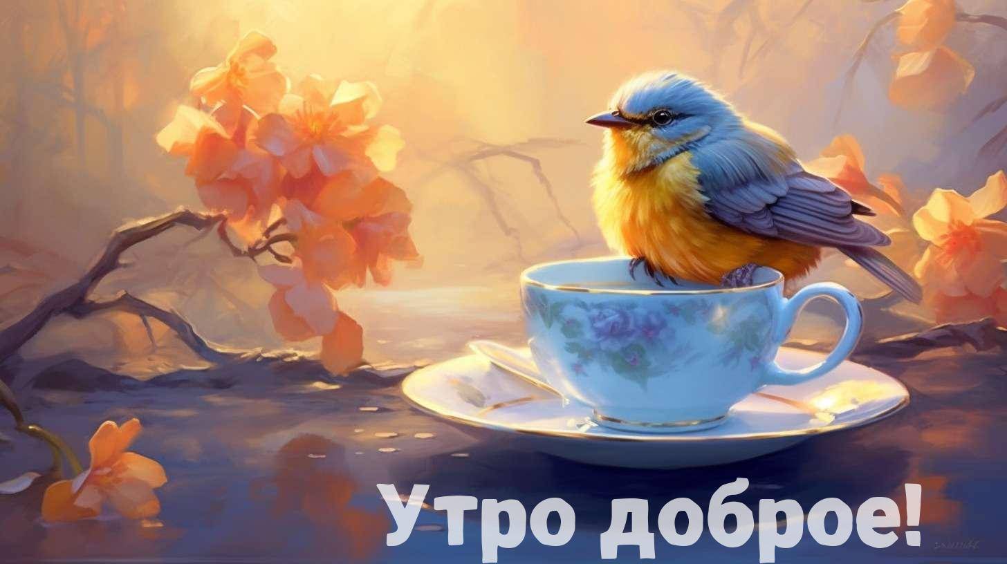 Утро, маленькая птица с яркими перьями на краю чашки