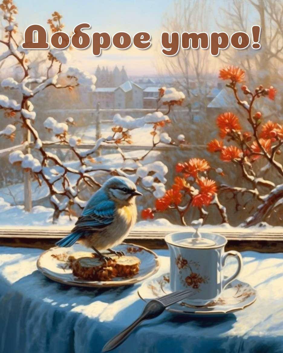 Утро, маленькая синяя птица на пироге зимой