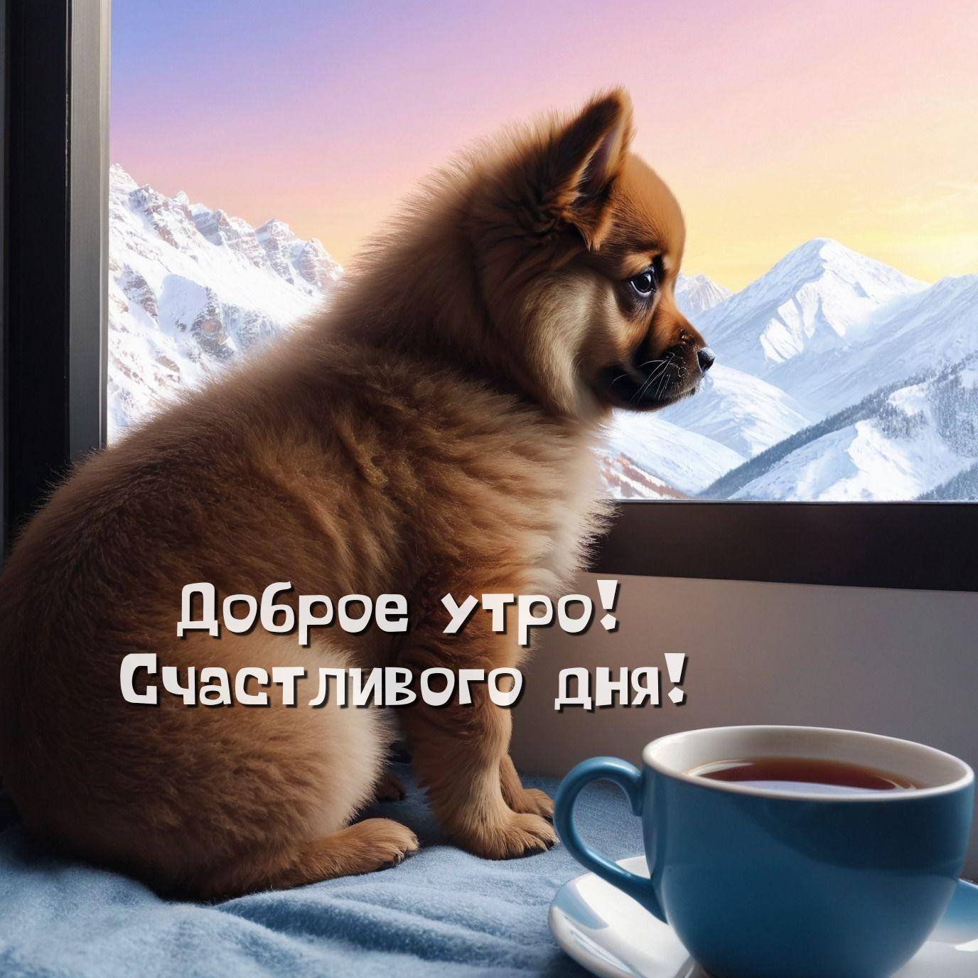 Утро, маленький коричневый пушистый щенок на подоконнике с чашкой чая