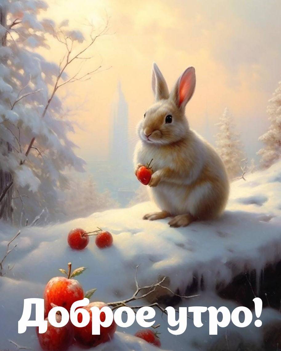 Утро, милый кролик с яблоком на заснеженной поверхности