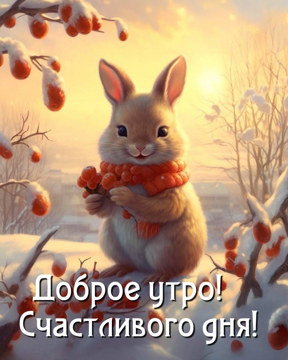 Утро, милый кролик в оранжевом шарфе на снегу.