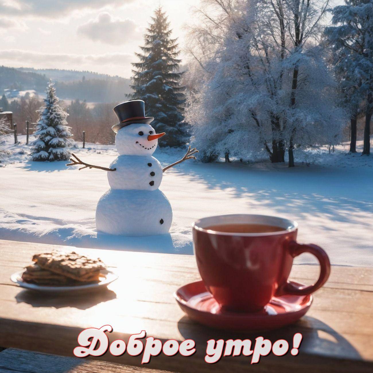 Утро, милый снежный человек на зимнем пейзаже