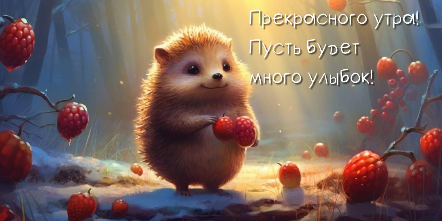 Утро, милый ёжик в лесу с ягодами, снег и солнечные лучи