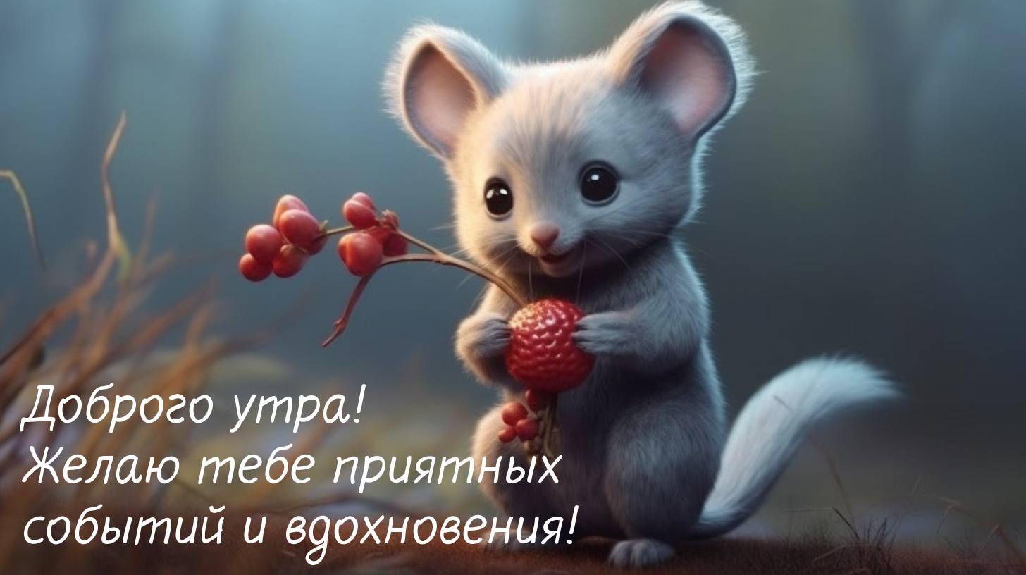 Утро, мышонок с веточкой ягод в траве